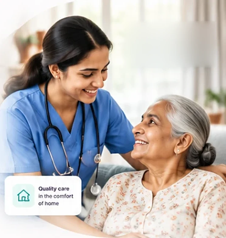 A TuhiTu nurse smiling with an elderly woman at home