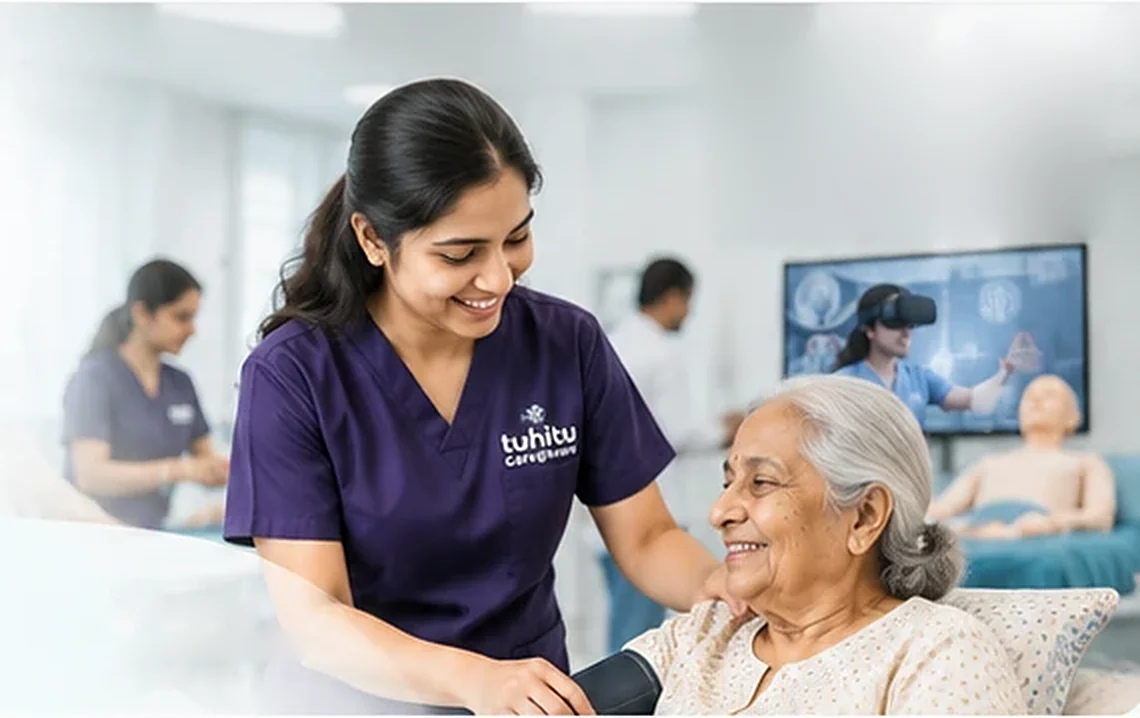A trainee nurse with an elderly woman in the Academy's simulation lab