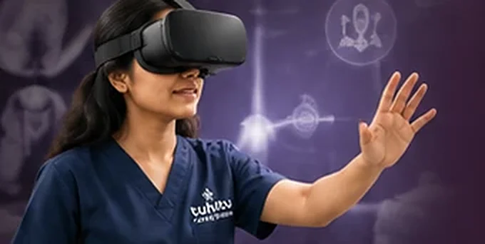 A trainee using a VR headset in the simulation lab