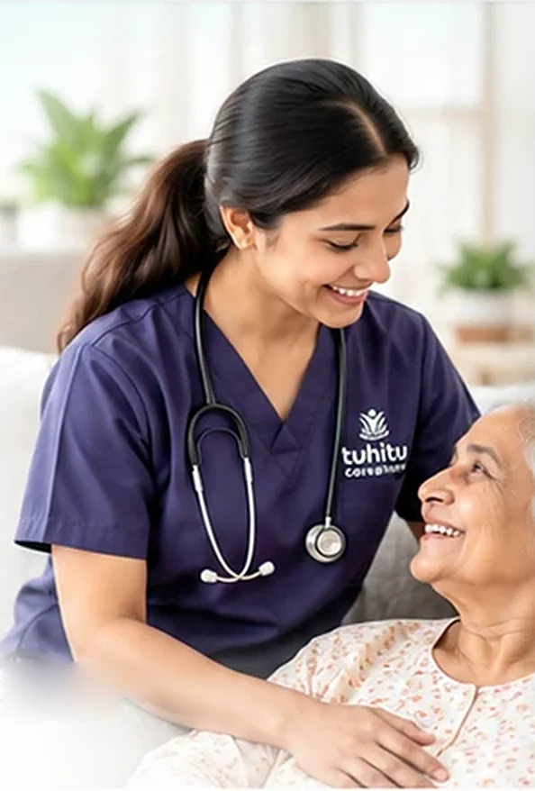A nurse in TuhiTu uniform smiling with an elderly woman at home